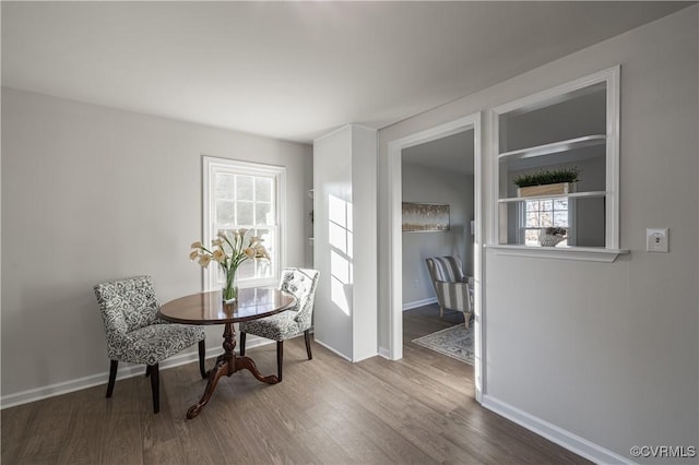 dining space featuring baseboards and wood finished floors