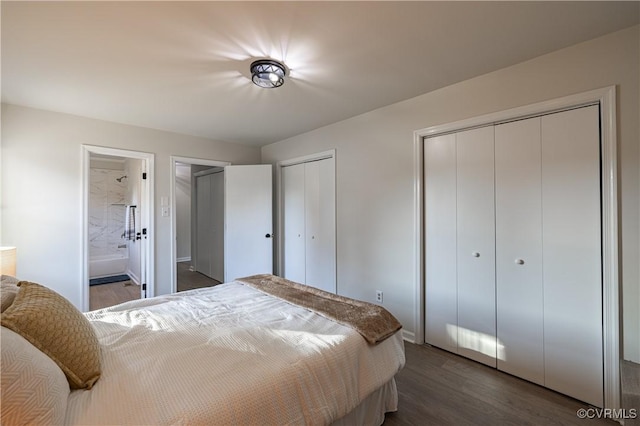 bedroom featuring ensuite bath, multiple closets, and wood finished floors