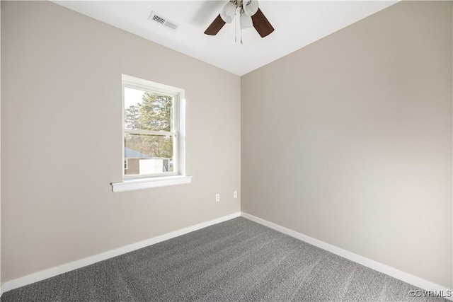 carpeted empty room with baseboards, visible vents, and ceiling fan