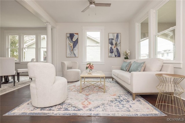 living room with a healthy amount of sunlight, ceiling fan, baseboards, and wood finished floors