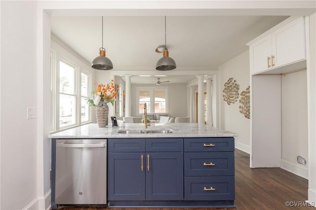 kitchen featuring white cabinetry, decorative columns, dark wood-style flooring, a sink, and stainless steel dishwasher