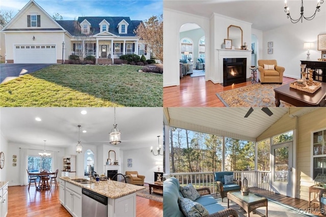 interior space featuring a notable chandelier, open floor plan, a lit fireplace, light wood-type flooring, and dishwasher