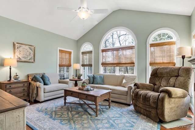 living room featuring lofted ceiling, wood finished floors, and a ceiling fan