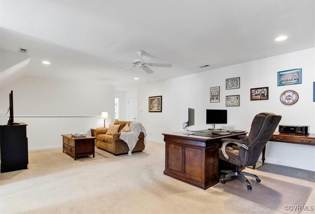 office featuring recessed lighting, visible vents, baseboards, and light colored carpet