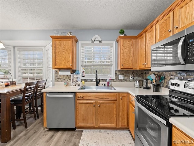 kitchen featuring appliances with stainless steel finishes, plenty of natural light, light countertops, and a sink