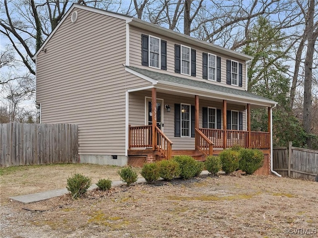 view of front of property with crawl space, fence, a porch, and roof with shingles