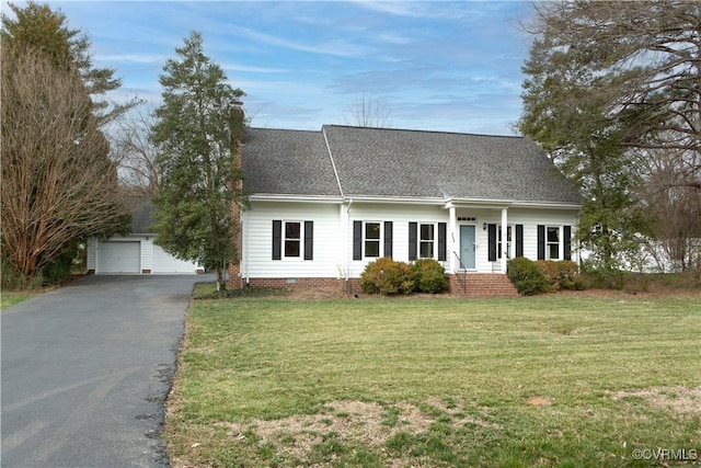 view of front of house featuring a garage, an outdoor structure, a front yard, crawl space, and a chimney