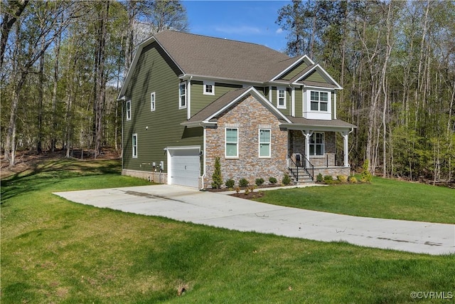 8106 Killbevan Dr, Chesterfield, VA 23838 - craftsman inspired home with stone siding, concrete driveway, an attached garage, and a front lawn