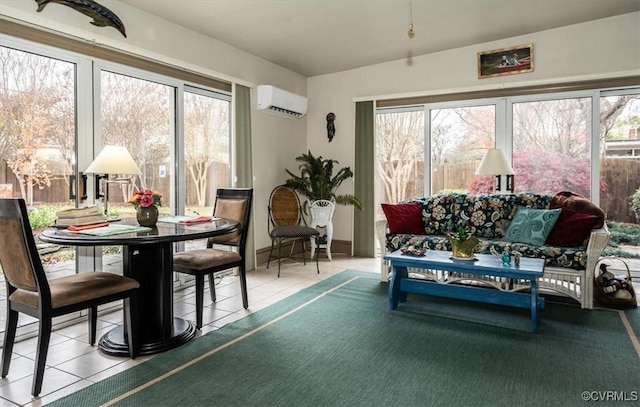 tiled dining space with a healthy amount of sunlight and an AC wall unit