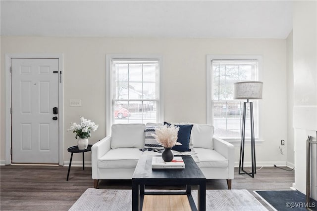 living area with a fireplace, baseboards, and wood finished floors