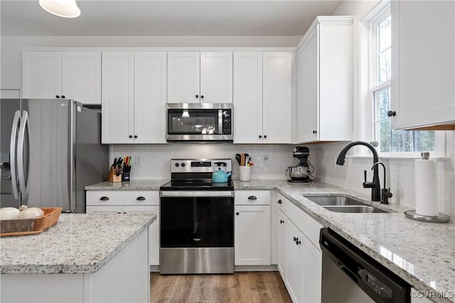 kitchen featuring appliances with stainless steel finishes, backsplash, a sink, and white cabinets