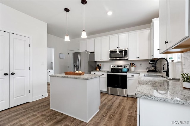 kitchen featuring tasteful backsplash, appliances with stainless steel finishes, a sink, and wood finished floors