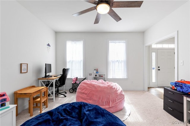 bedroom with carpet floors and ceiling fan