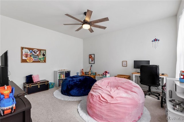 bedroom with carpet flooring and a ceiling fan