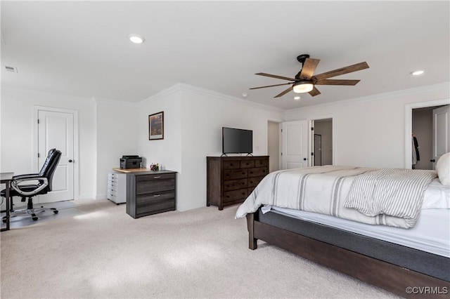 bedroom featuring recessed lighting, ornamental molding, ceiling fan, and light colored carpet