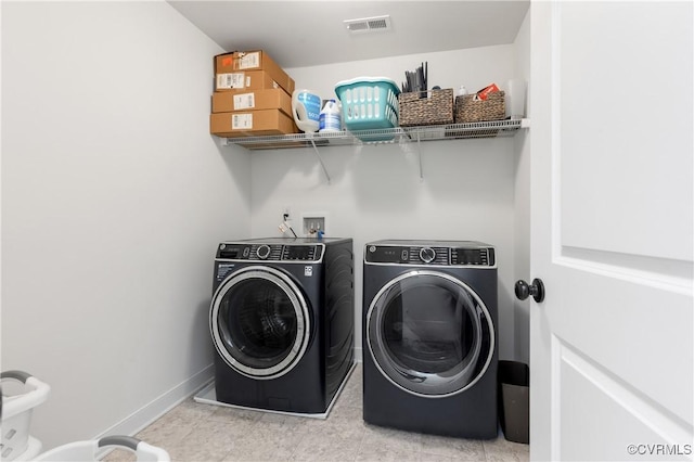 laundry area featuring laundry area, baseboards, visible vents, and washer and dryer