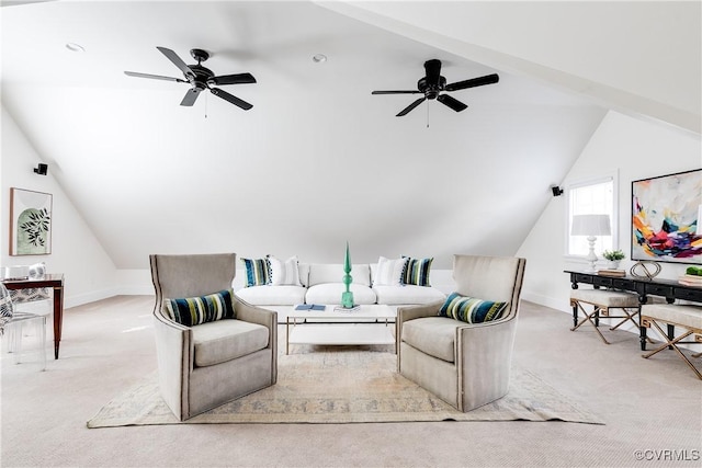 living room with light carpet, lofted ceiling, and a ceiling fan