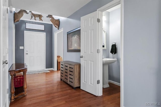 foyer entrance featuring baseboards and wood finished floors