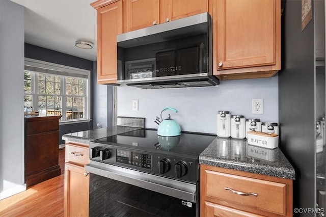 kitchen with electric stove, stainless steel microwave, light wood-style flooring, dark stone counters, and baseboards