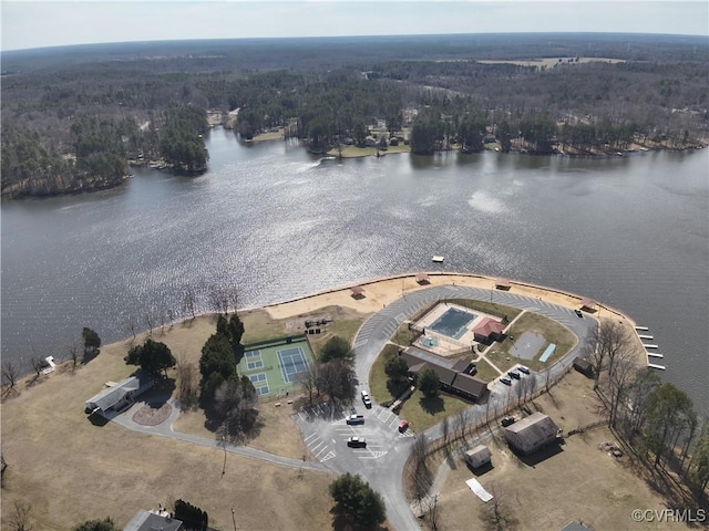 bird's eye view featuring a water view and a forest view