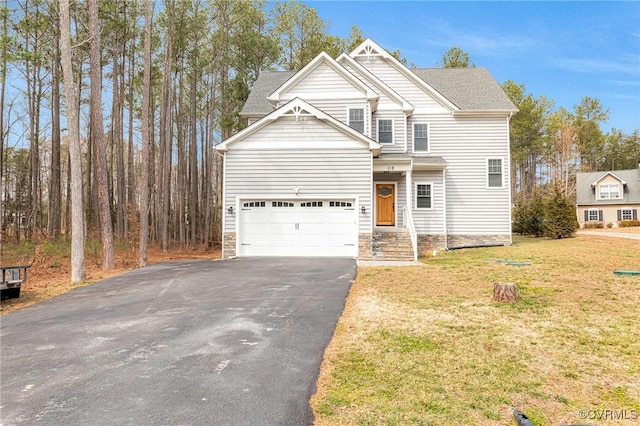 view of front of property featuring stone siding, aphalt driveway, a front lawn, and roof with shingles