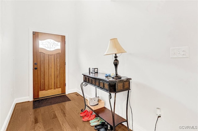 foyer with baseboards and wood finished floors