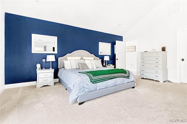 bedroom featuring high vaulted ceiling, carpet, visible vents, and baseboards