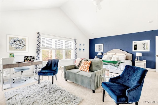 carpeted bedroom featuring high vaulted ceiling, ceiling fan, and baseboards