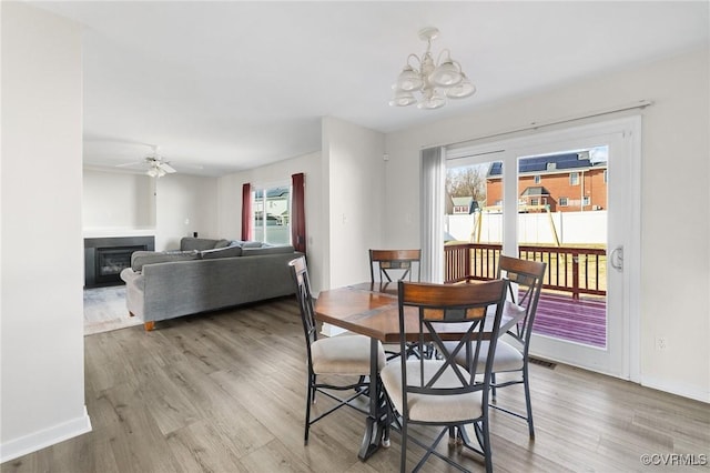 dining room featuring a healthy amount of sunlight, light wood-type flooring, and a glass covered fireplace