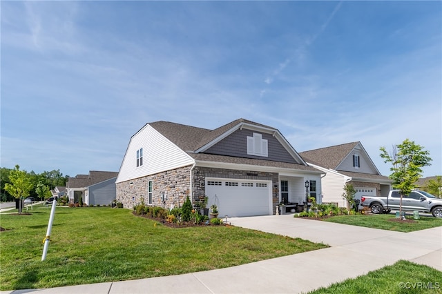 view of front of home with a garage, stone siding, driveway, and a front lawn