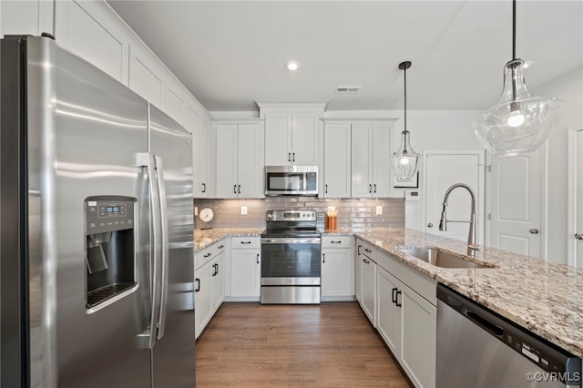 kitchen with stainless steel appliances, a sink, visible vents, white cabinets, and decorative backsplash