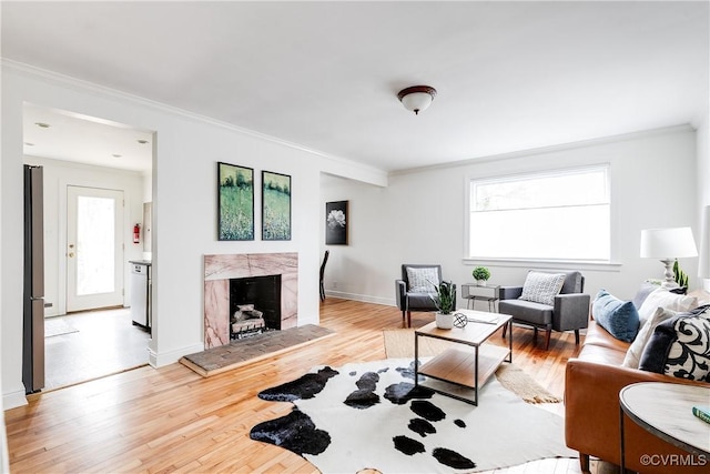 living area featuring light wood-type flooring, a high end fireplace, and a healthy amount of sunlight