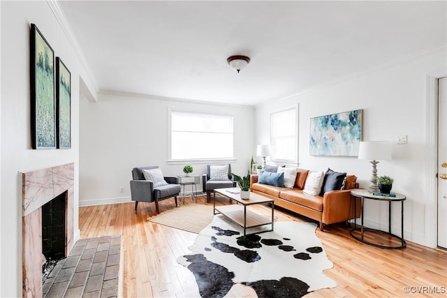 living room with crown molding, a premium fireplace, and hardwood / wood-style flooring