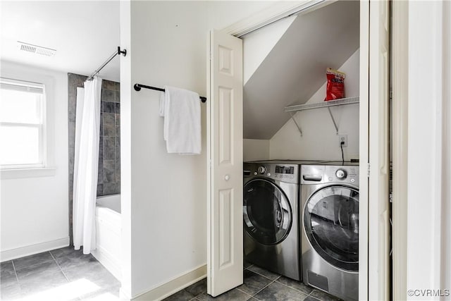 laundry room featuring washer and dryer, laundry area, visible vents, and baseboards