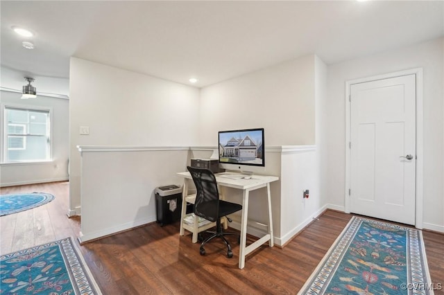 office space featuring recessed lighting, baseboards, and wood finished floors