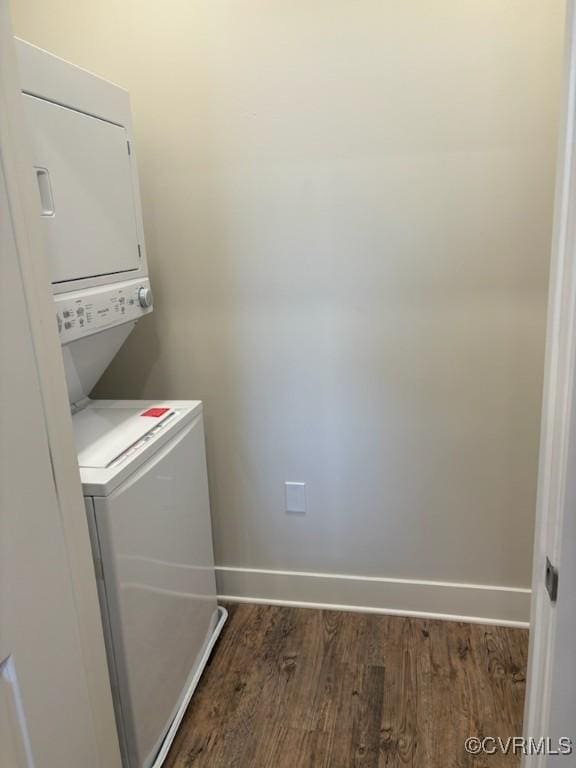 10530 Stony Bluff Dr Unit 304, Ashland, VA 23005 - clothes washing area with laundry area, wood finished floors, baseboards, and stacked washing maching and dryer