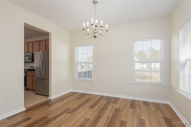 unfurnished dining area featuring plenty of natural light, baseboards, and wood finished floors