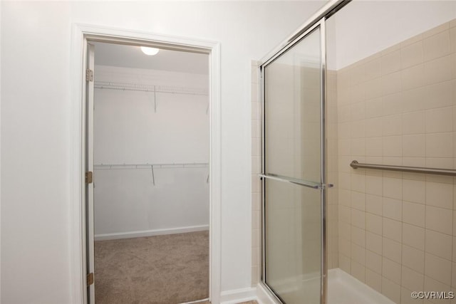 bathroom featuring a shower stall and a spacious closet