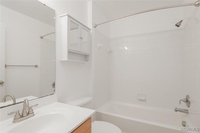 full bath with toilet, shower / bathtub combination, and vanity