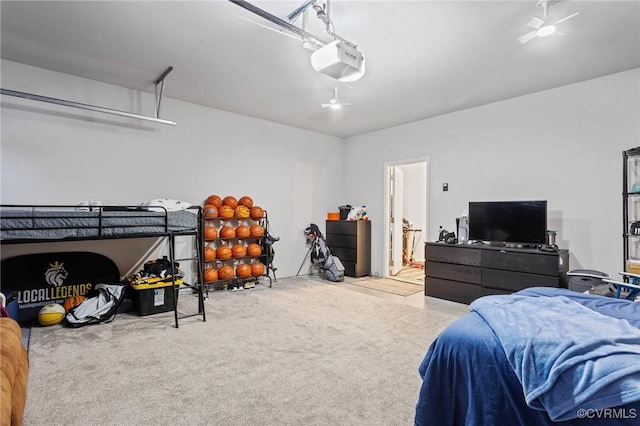 carpeted bedroom featuring a garage