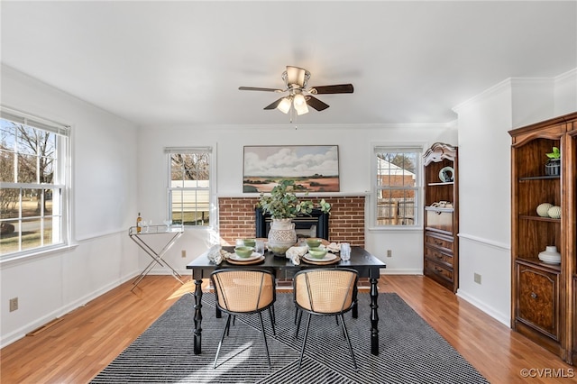 dining space featuring ornamental molding, plenty of natural light, and light wood finished floors