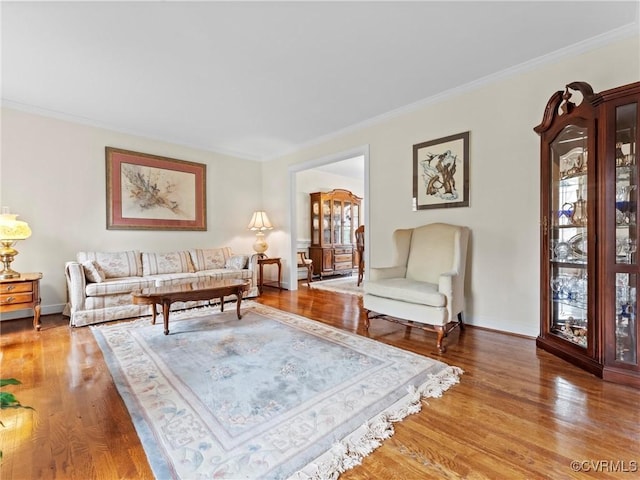 living area with ornamental molding, baseboards, and light wood finished floors