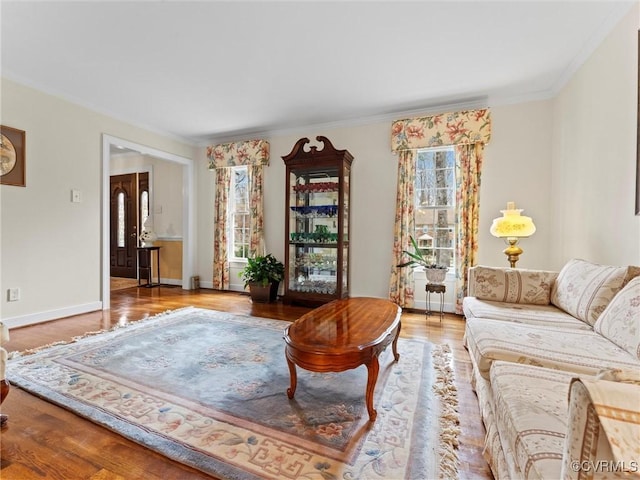 living room featuring ornamental molding, wood finished floors, and baseboards