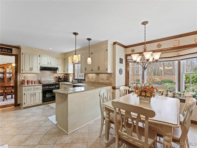 kitchen featuring under cabinet range hood, a peninsula, a sink, range, and tasteful backsplash