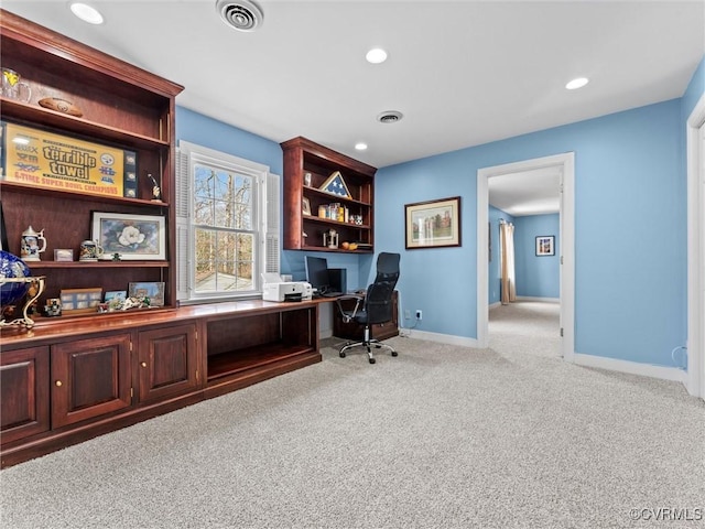 office featuring light colored carpet, visible vents, baseboards, and recessed lighting