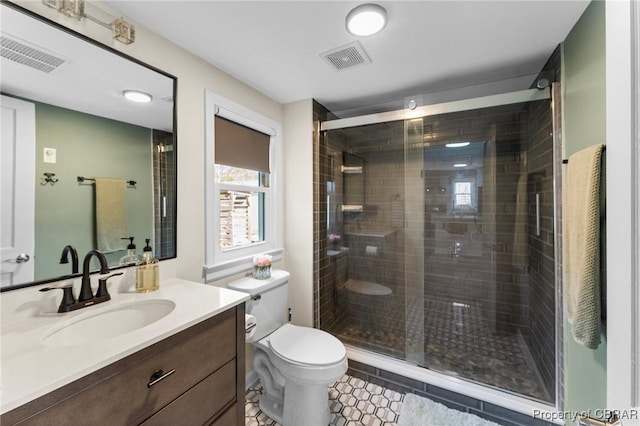 bathroom with toilet, a stall shower, vanity, and visible vents