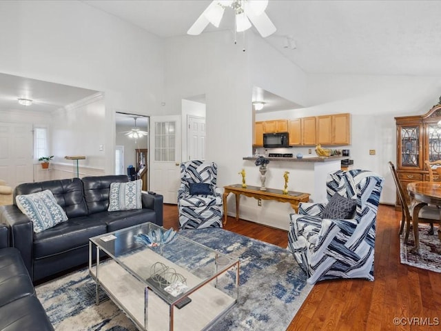 living area with ceiling fan, high vaulted ceiling, and wood finished floors