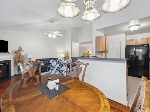 dining area featuring lofted ceiling, wood finished floors, a ceiling fan, and a glass covered fireplace