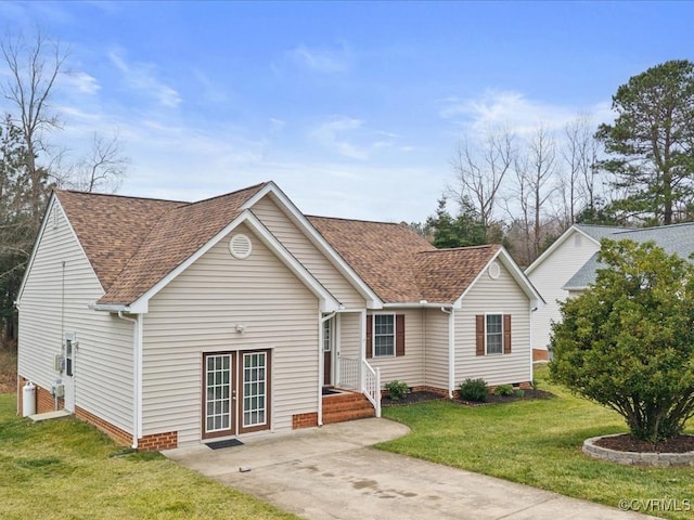 ranch-style house with french doors, a shingled roof, a front lawn, and crawl space