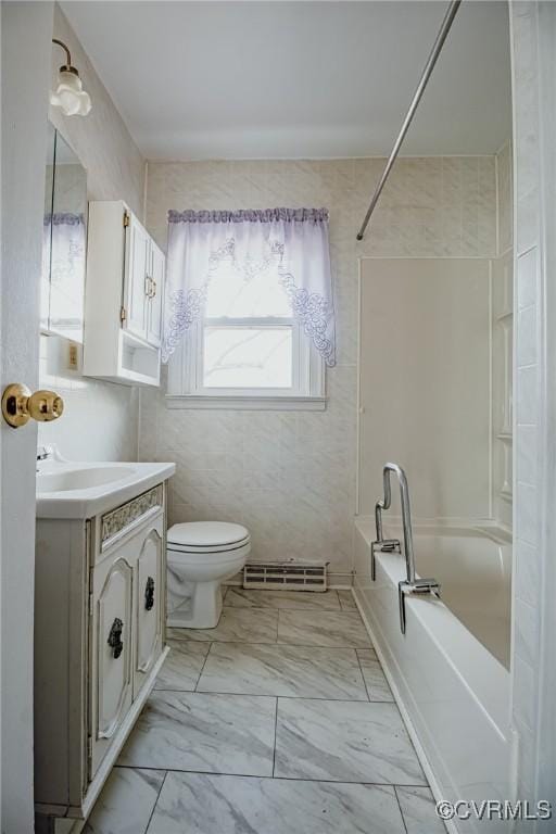 full bathroom with visible vents, toilet, marble finish floor, vanity, and shower / washtub combination